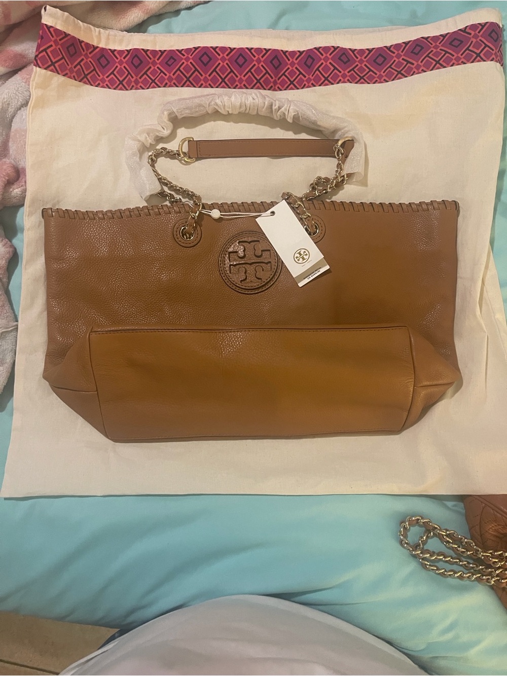 Tory Burch Tan Leather Whipstitch Chain Tote